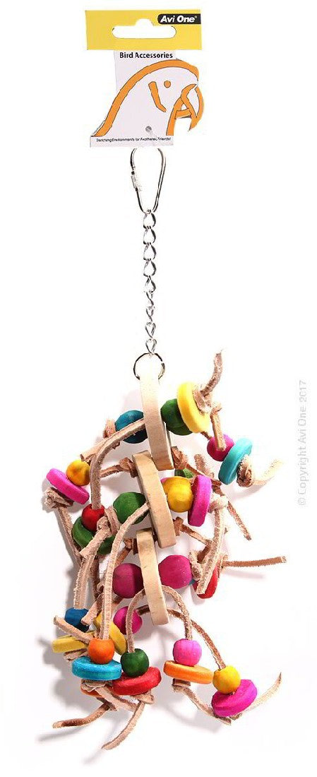 Avi One Parrot Toy - Leather Rope Coloured Wood Block 33cm